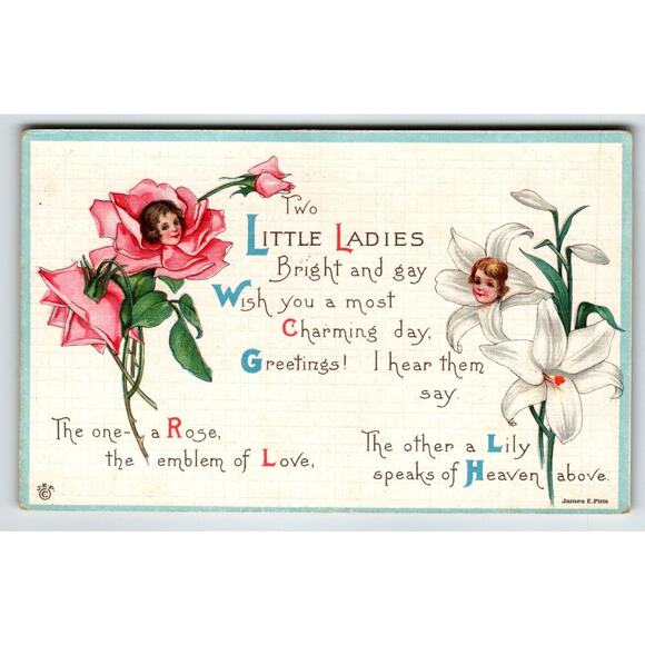 Flower Head Girls Postcard Fantasy Little Ladies Bright And Gay James E Pitts - Picture 1 of 2